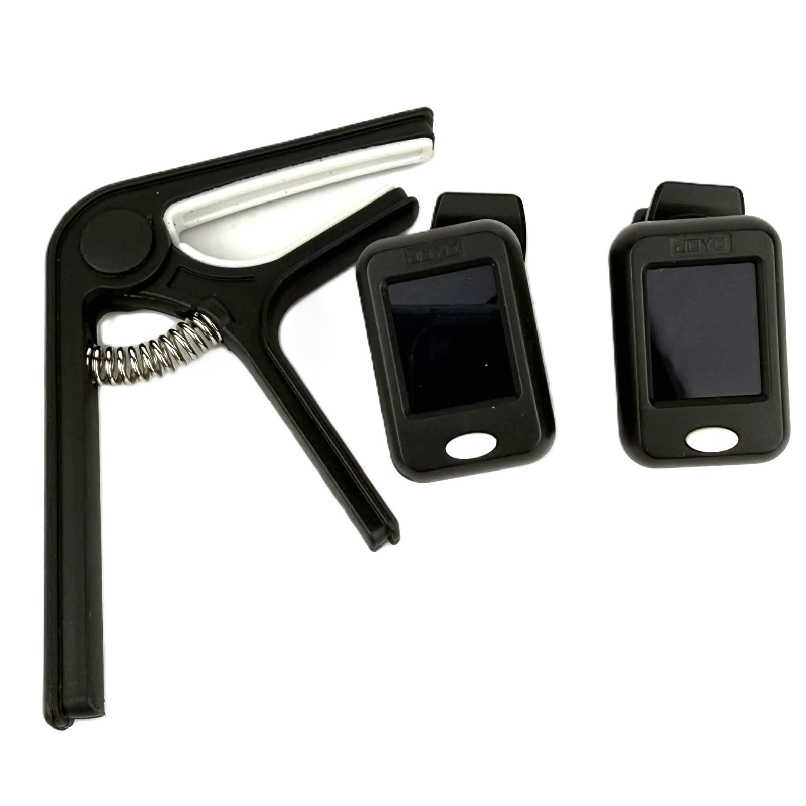 Lot of 2 Clip On Guitar Tuners & Capo Joyo Mini Tuner Bass Violin Digital
