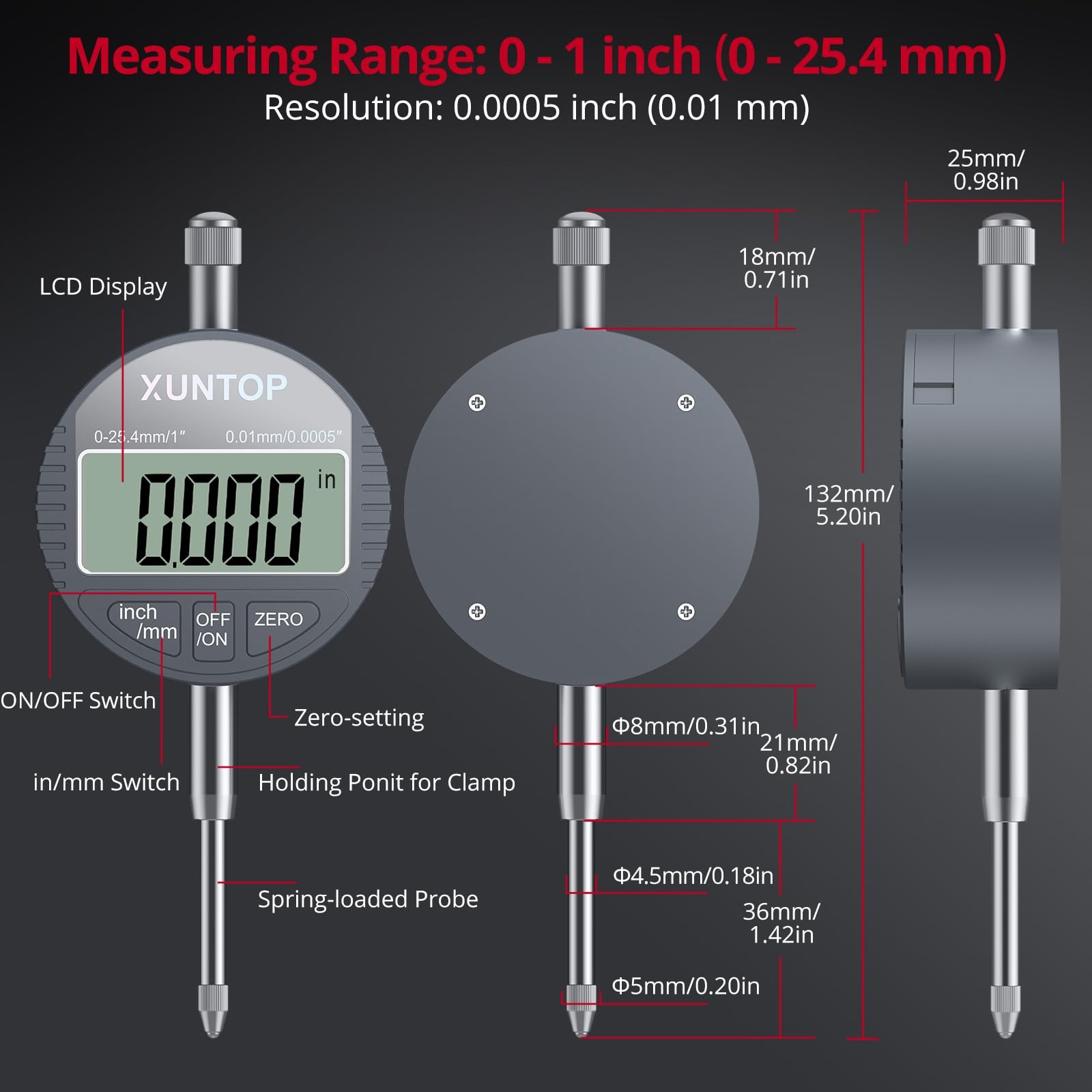 XUNTOP Digital Dial Indicator 1inch/0.0005inch LCD Display Electronic Dial...