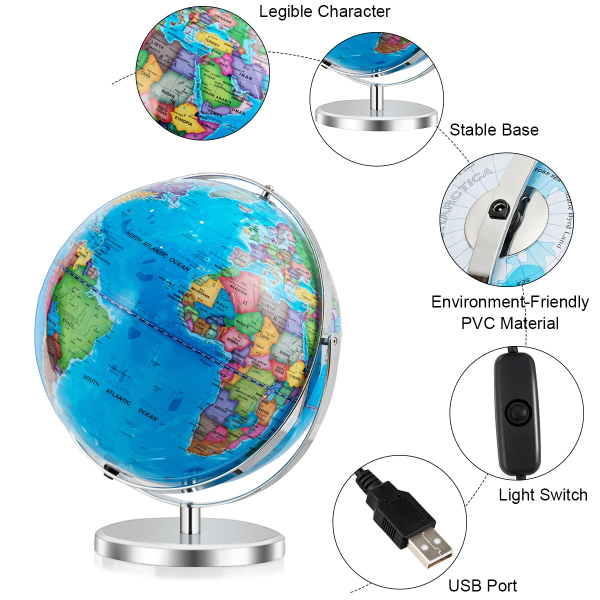 13" Illuminated World Globe 720° Rotating Study Cartography Map W/ LED Light