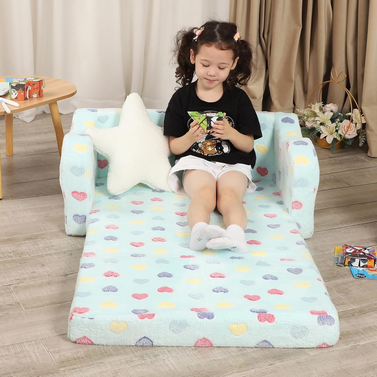 Toddler Couch 2-in-1 Kids Soft Couch Fold Out W/ Star Pillow Foldable