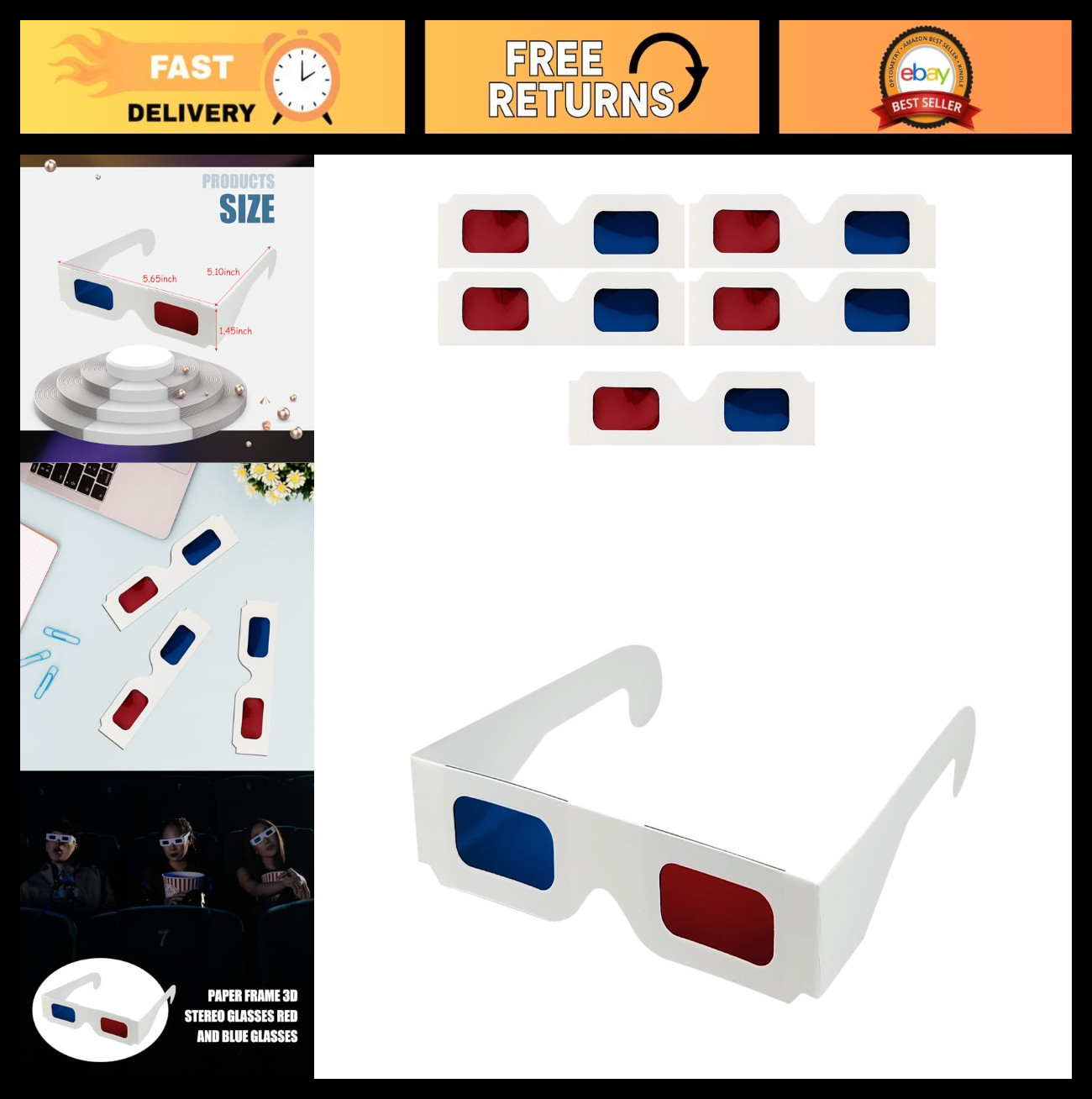 3D Anaglyph Paper Glasses for Movies & TV - Blue Red Cardboard Film Spectacles