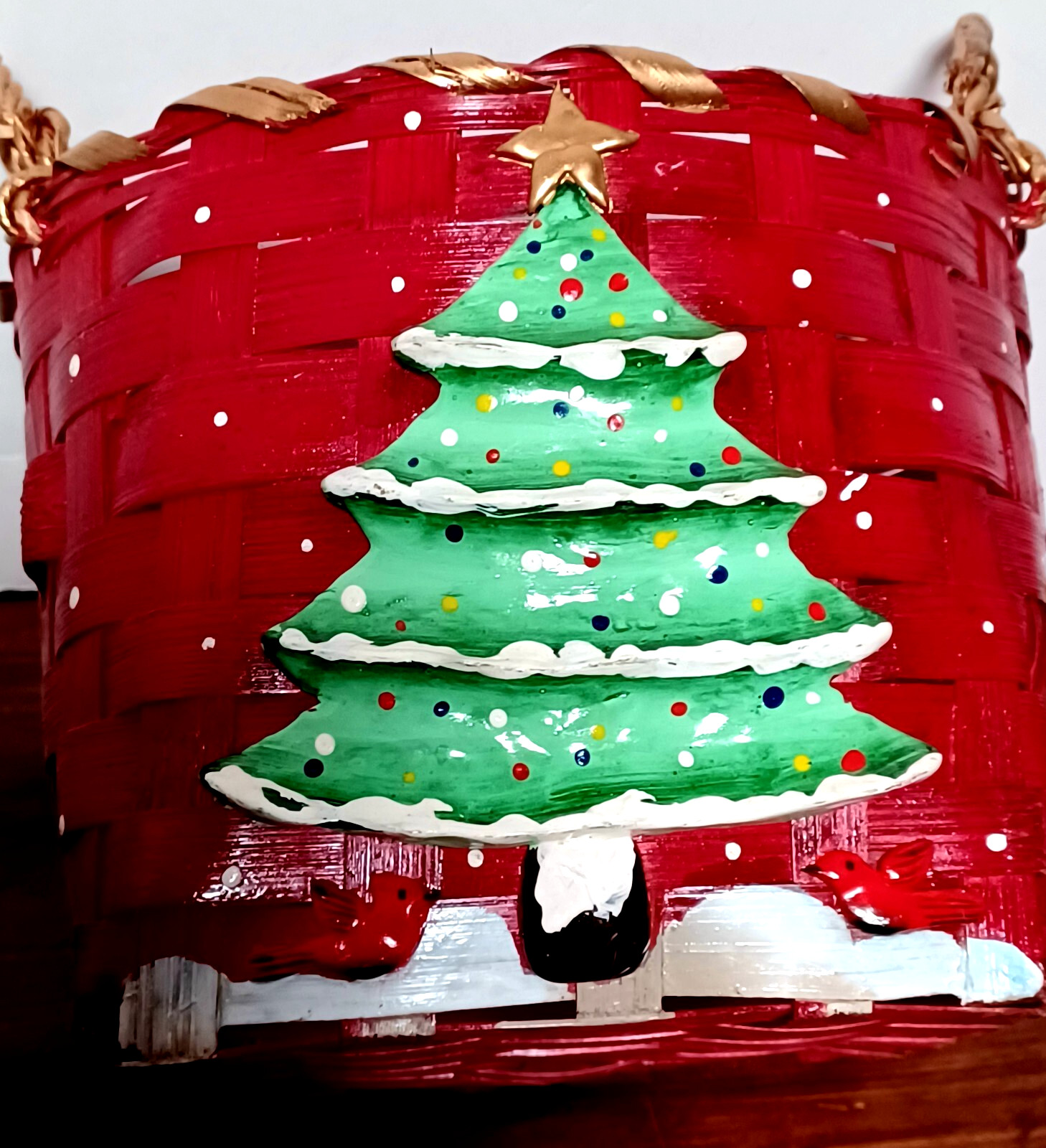 Red Wicker Decorative Basket with Applied Christmas Tree and Cardinal Birds