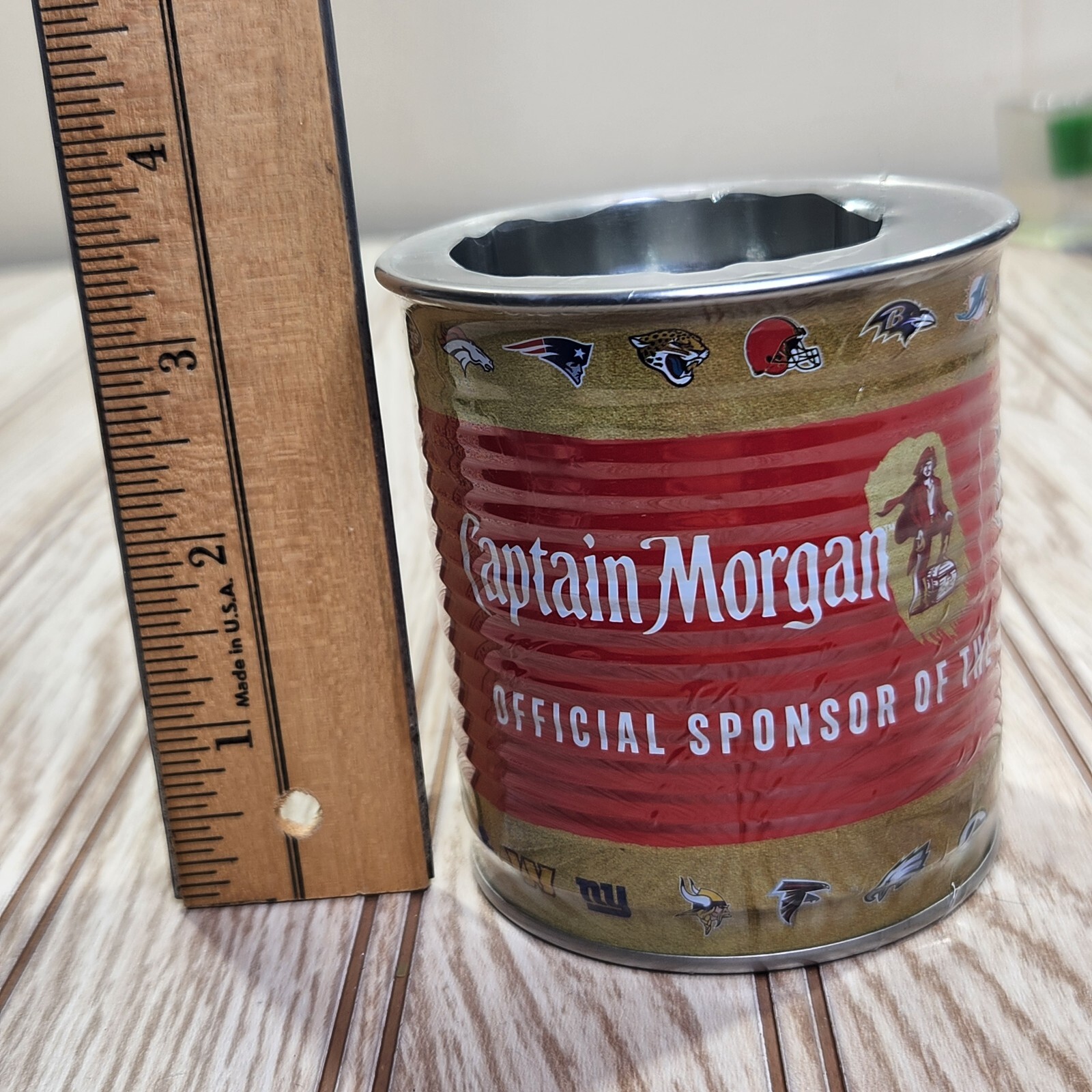 NEW Captain Morgan Rum Metal Tin Can Cup Glass Official NFL Football Team Logos