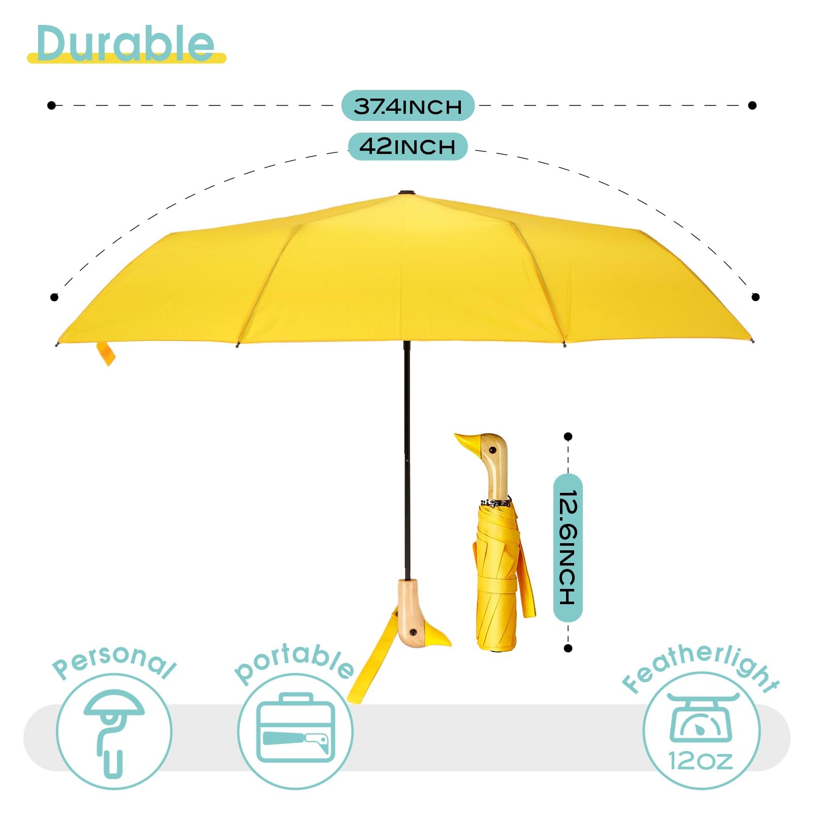 ViddVoom Duck Umbrella - Compact Travel with a Fold 12'', Yellow