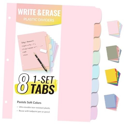 8 Tabs Long-Lasting Plastic Write & Erase Large Tabs 1 Set Pastels Color
