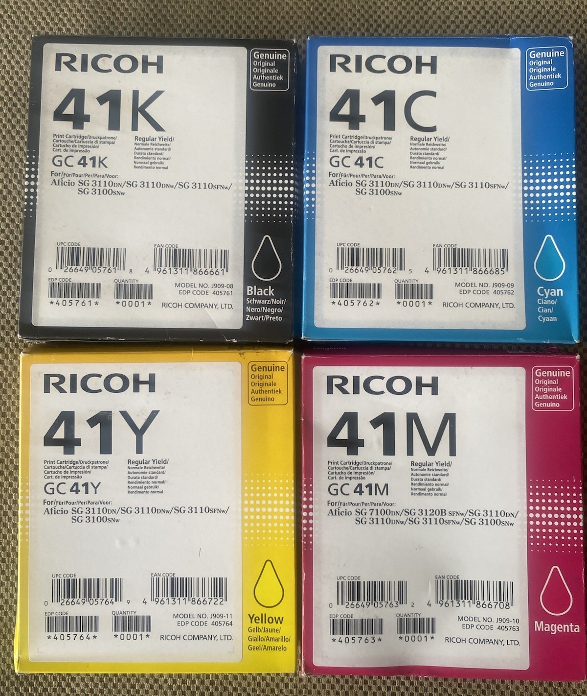 RICOH 405761 -762-763-764 GC41K, GC41C, GC41M and GC41Y Printer Ink (1 ea.)