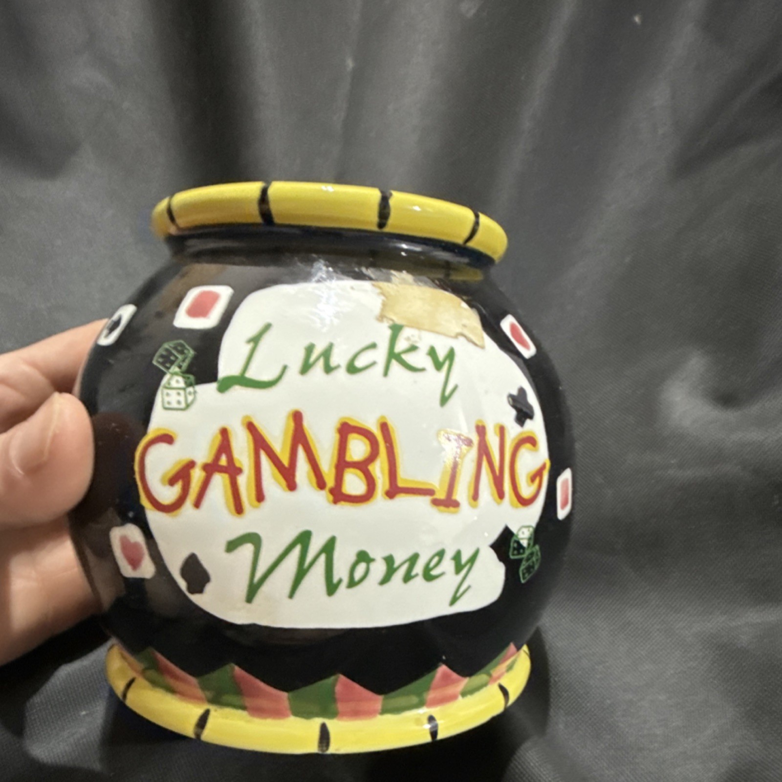 Bella Casa Lucky Gambling Money Jar Black Yellow Ceramic Casino Collectible