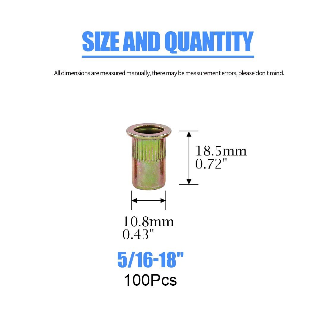 100 Pcs 5/16-18 UNC Carbon Steel Rivet Nut Flat Head Threaded Insert Nutsert SAE
