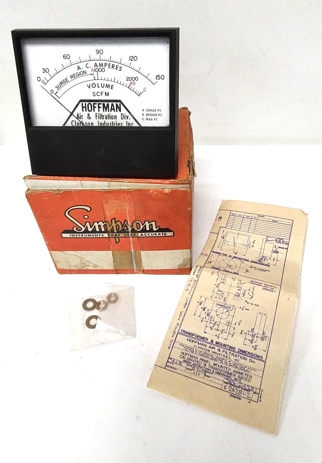 Vintage Simpson Hoffman Calibrated Panel Ammeter 0-150 AC Amp w/ SCFM Volume NOS