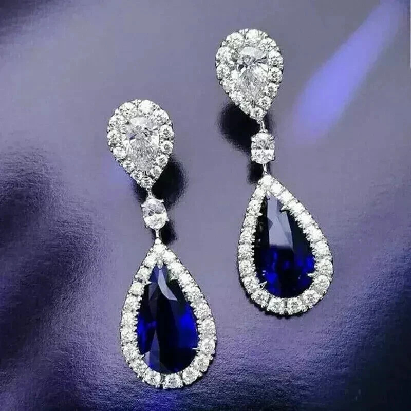 2Ct Pear Cut Lab Created Blue Sapphire Women Drop Earring 14k White Gold Plated