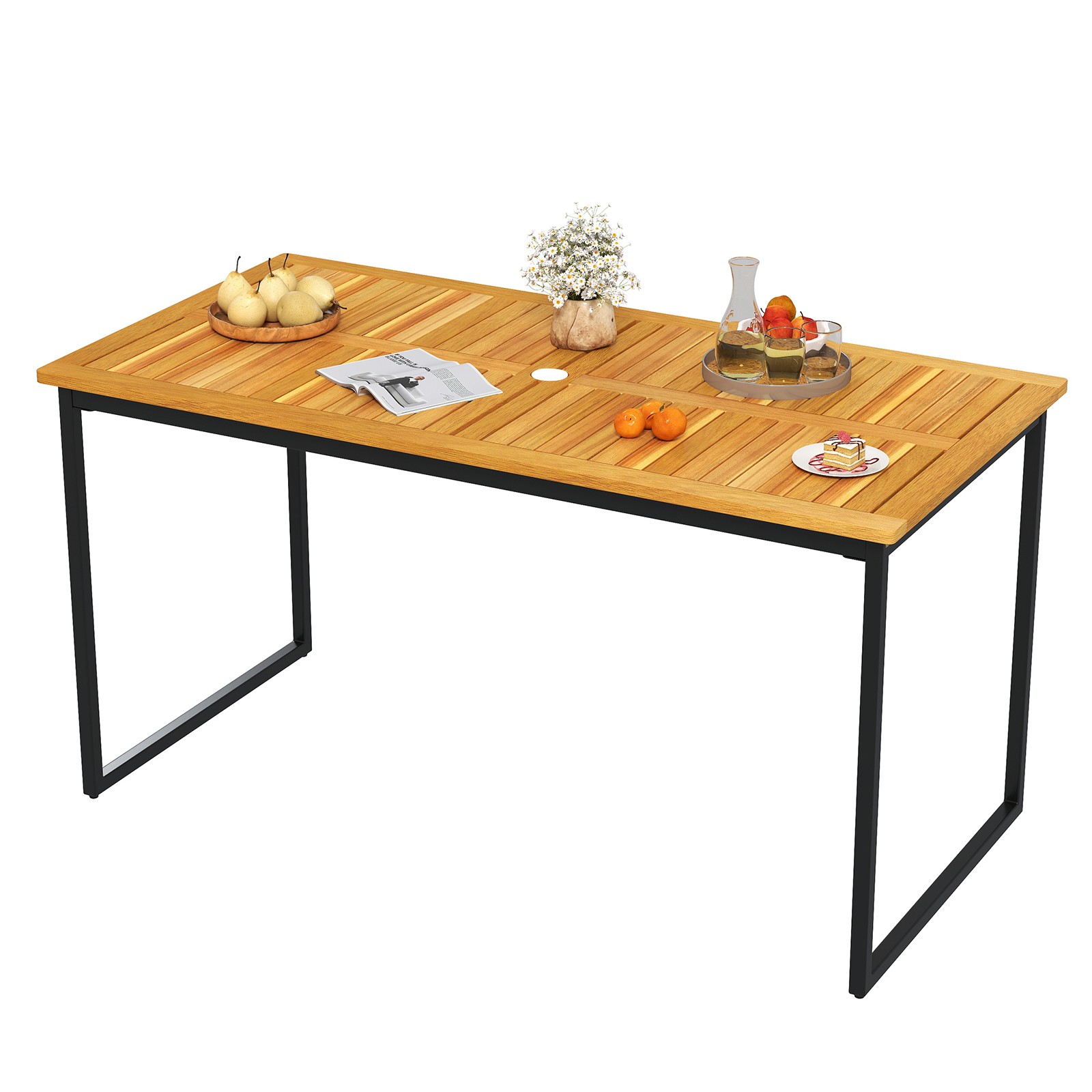 Acacia Wood Dining Table for 6 People 55" Rectangle Patio Table w/ Umbrella Hole