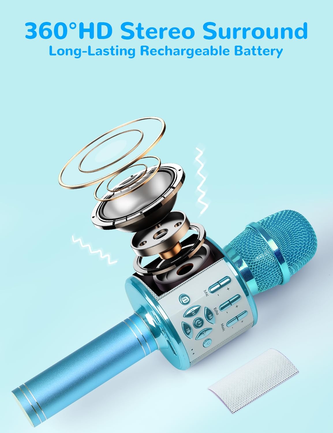 Kids Karaoke Microphone Bluetooth with LED Light Toy Gift for Children Blue