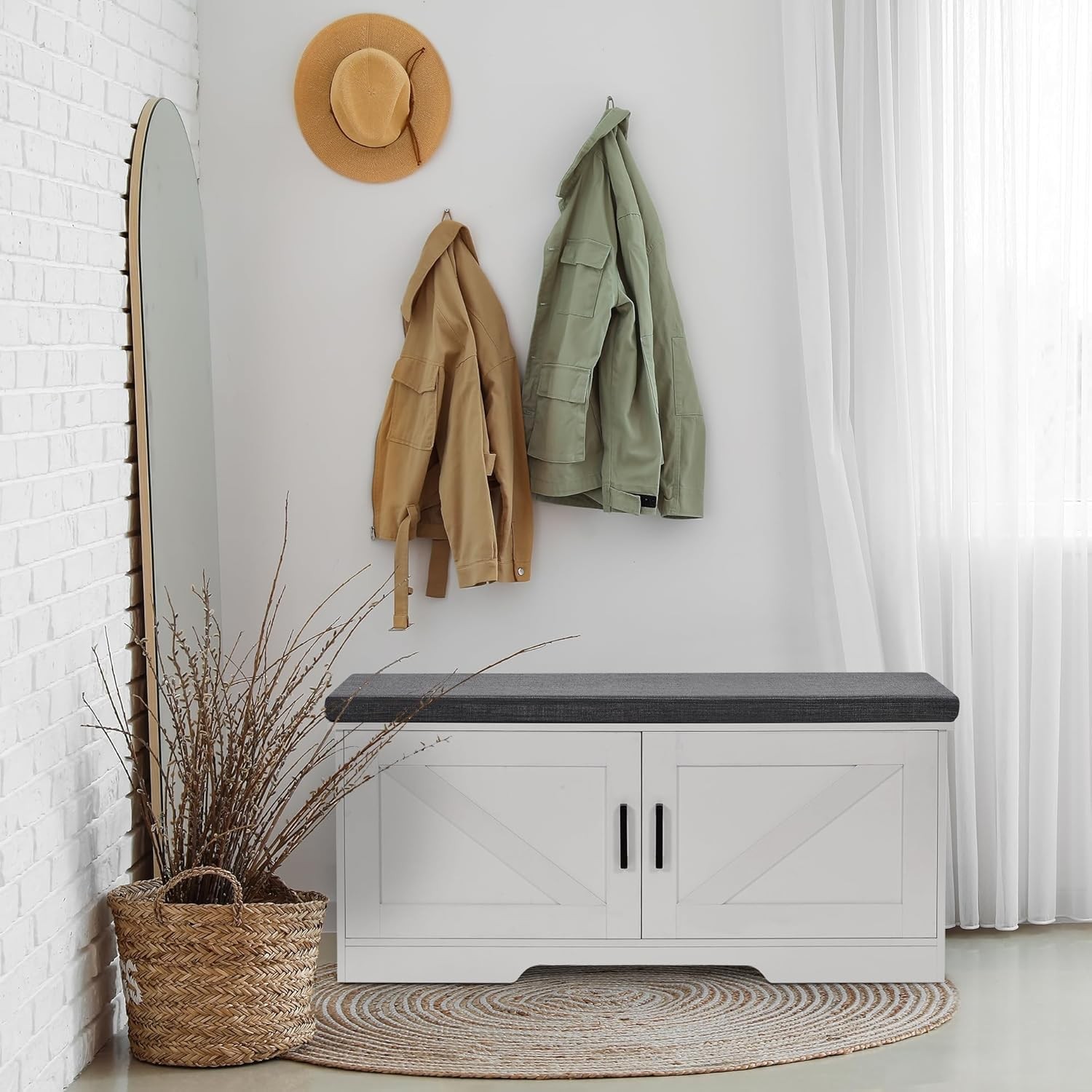 2-Tier Storage Bench 39.4" Wide Shoe Bench W/ Padded Seat Cushion Entryway Bench
