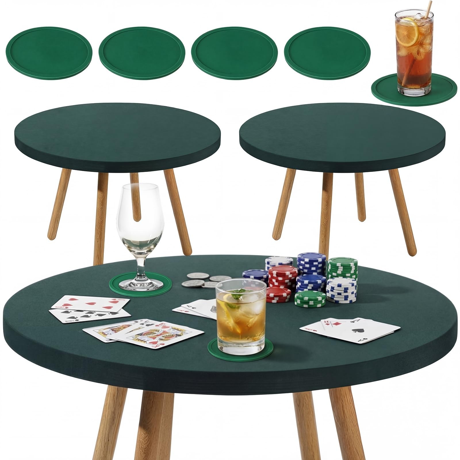 2 Pcs 36 Inch Round Card Game Table Cover with 4 Coaster for Playing Cards Po...