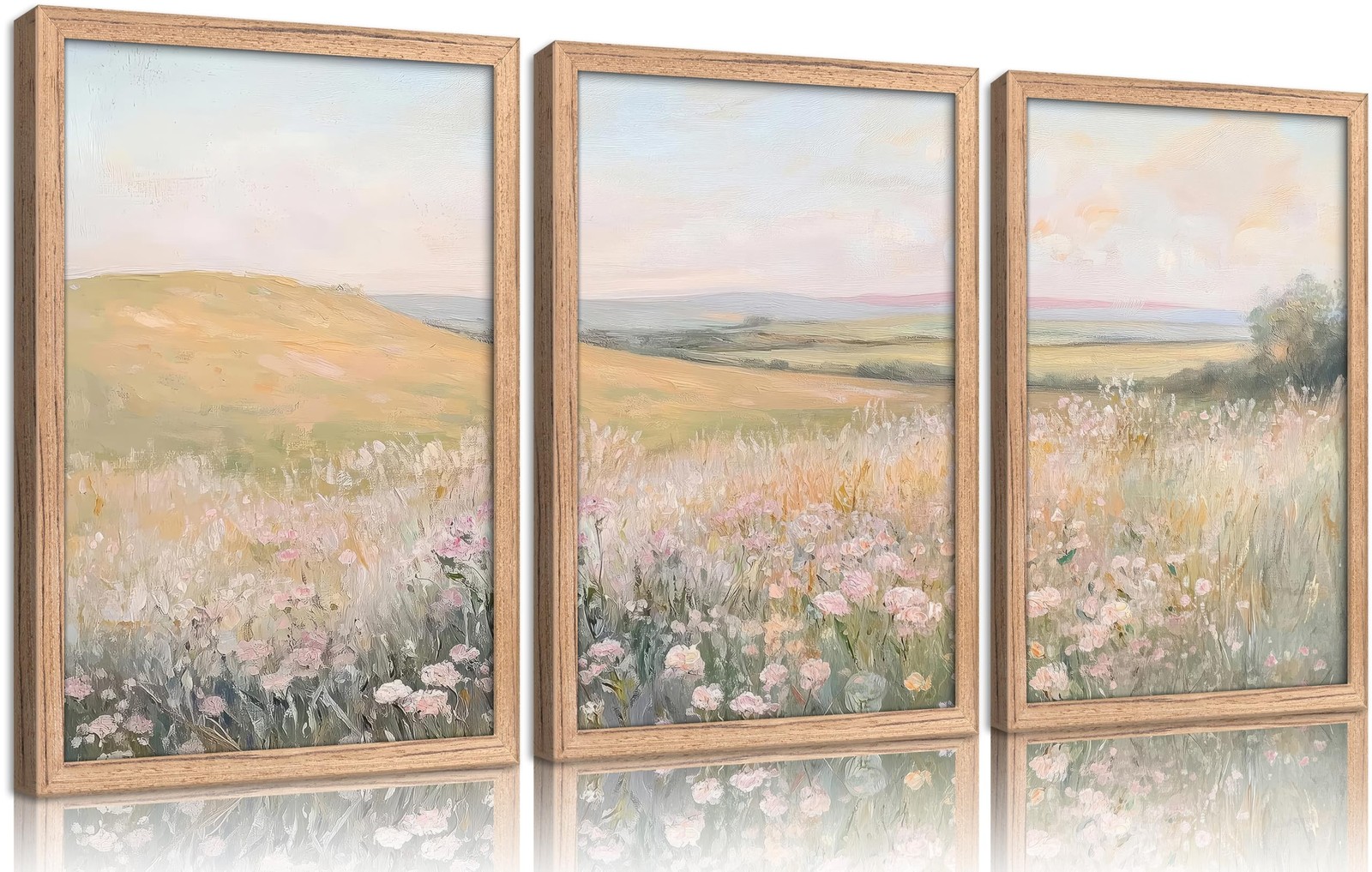 Framed Pastel Wildflower Meadow Wall Art Set, Country 16"Lx12"W, Wildflowers