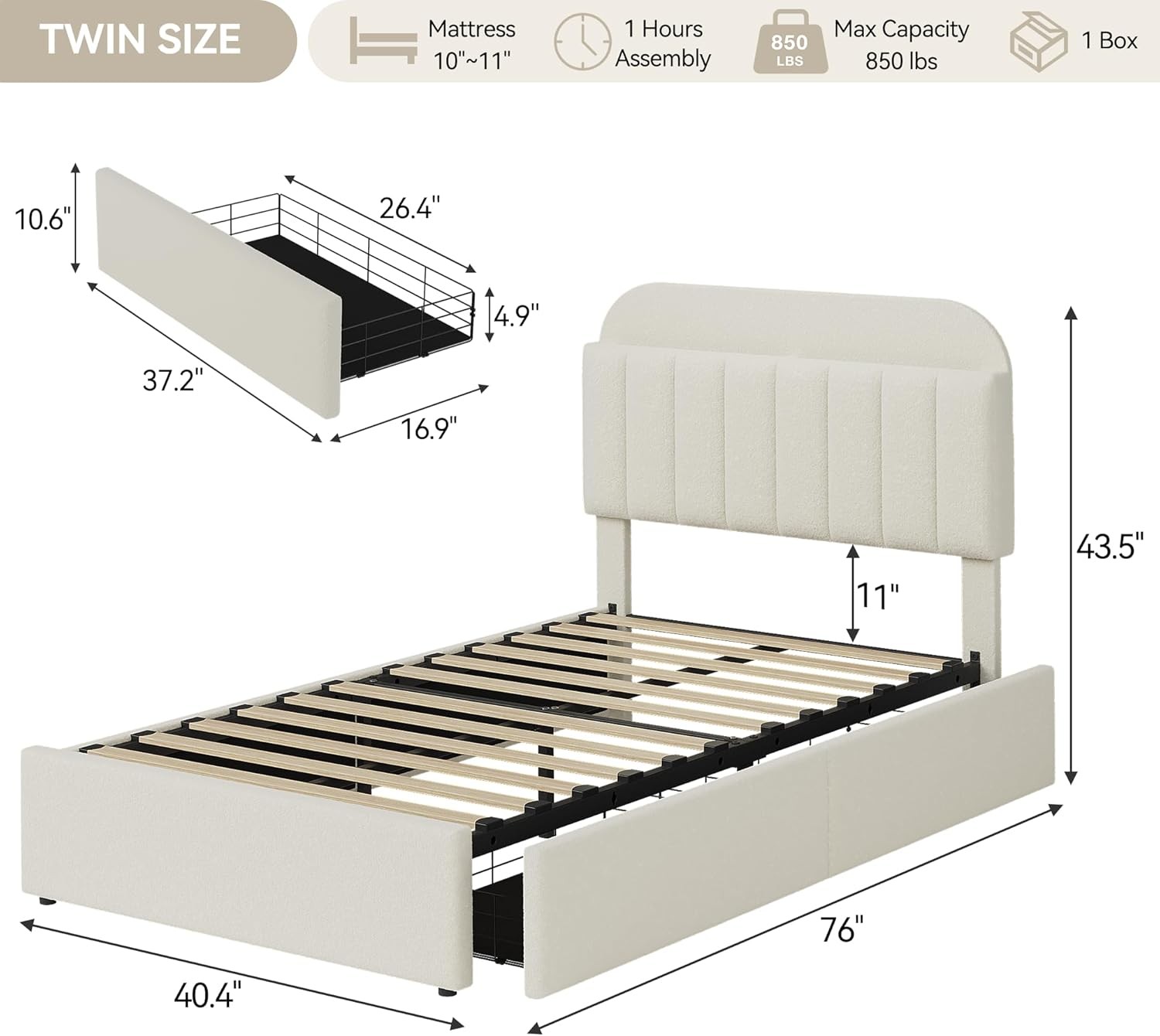 Beige Twin Size Bed Frame Upholstered Platform Bed with Headboard & 2 Drawers