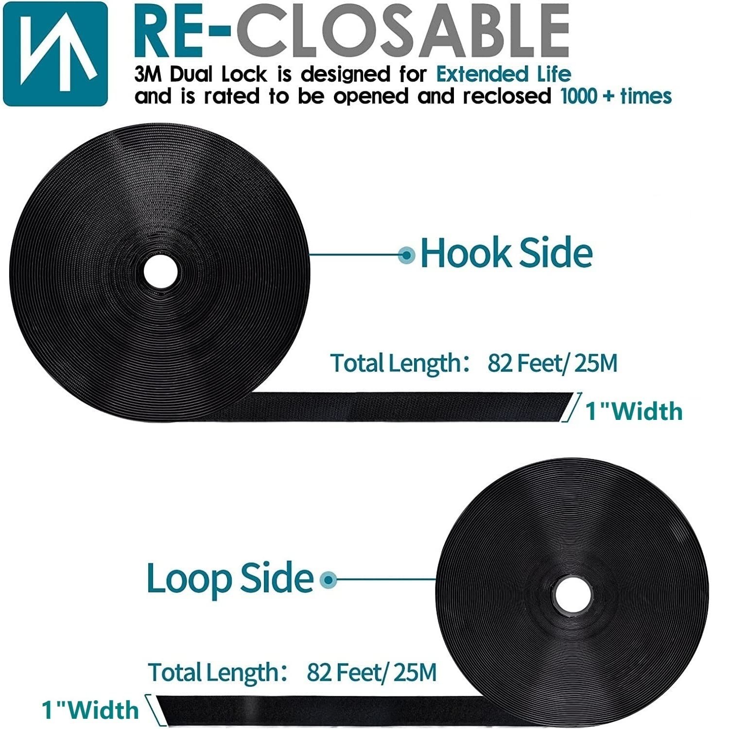1 Inch x 82 Feet Black Self Adhesive Hook and Loop Tape Sticky Back Roll, Nyl...