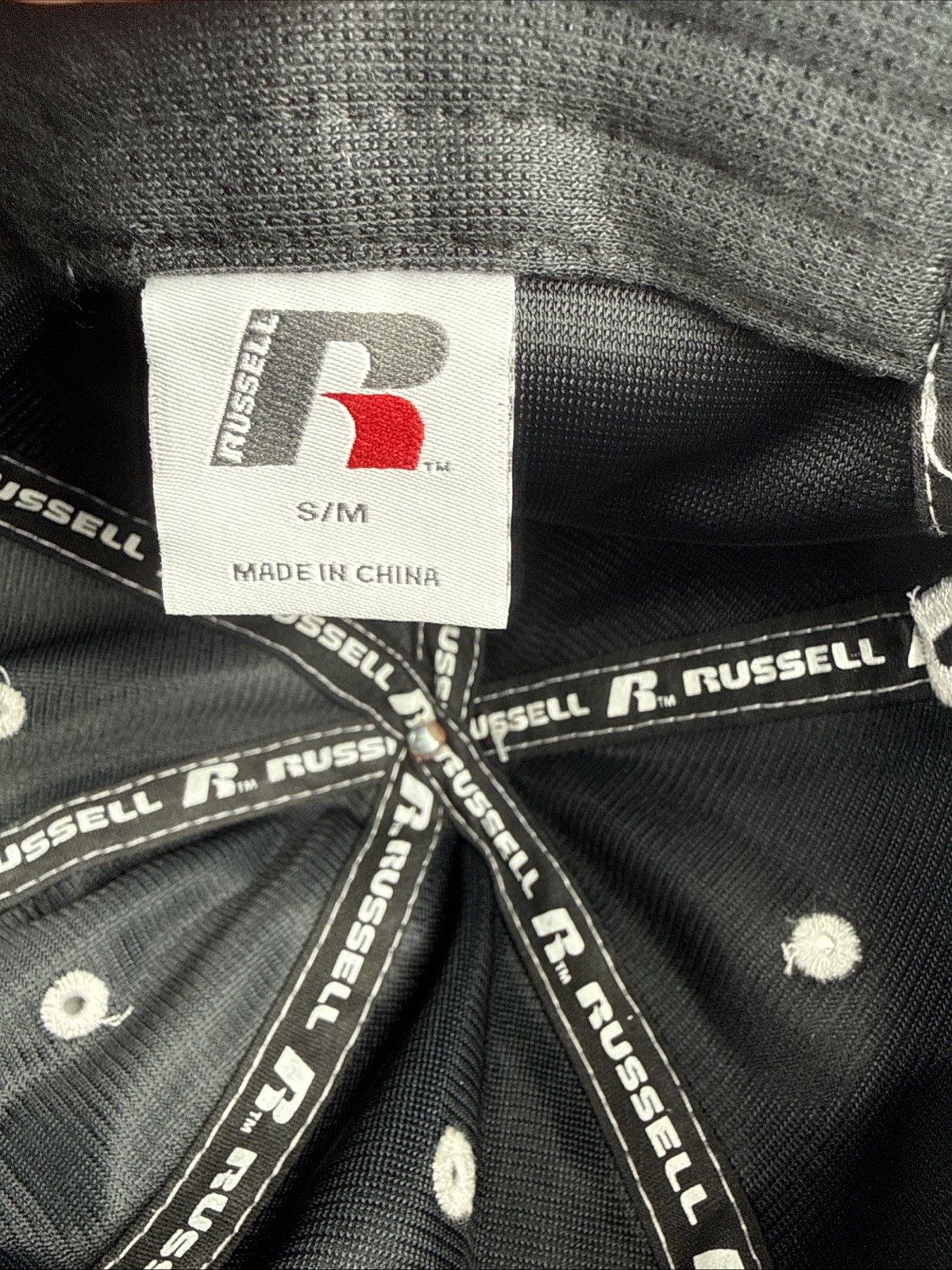 Russell R White Shiny on Gray Blue Hat Cap S/M Hook Loop NWT