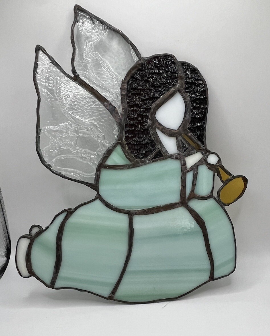 Vintage Stained Glass Angel With Horn Sun-catcher 7.5” x 6” Attached Chain