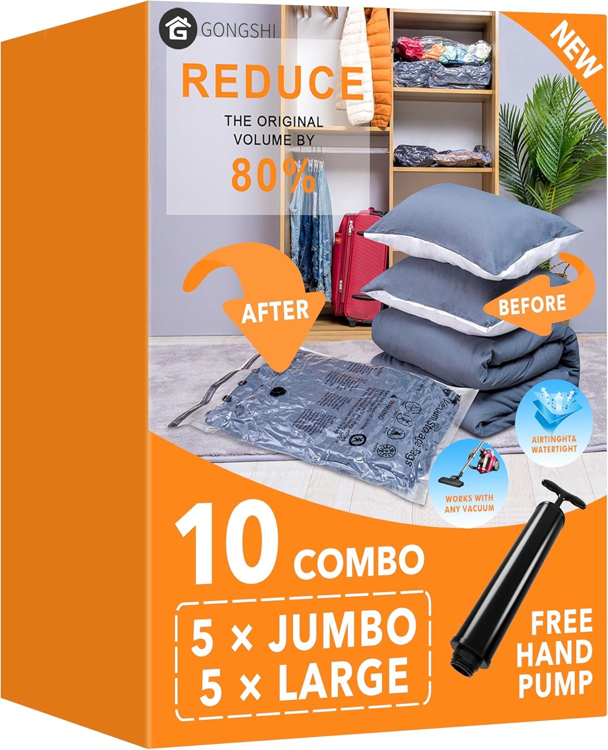 Vacuum Storage Bags (5 x Jumbo, 5 x Large), Space 5 Jumbo,5 Large, Clear