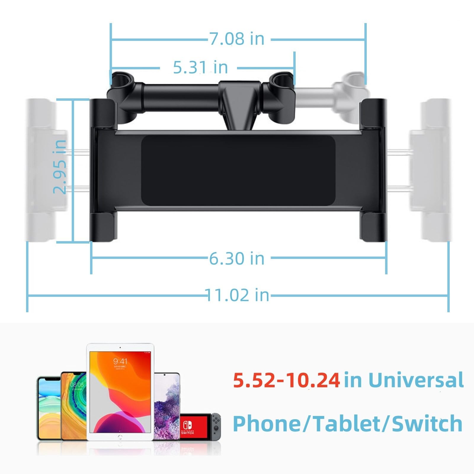 Car Headrest Tablet Holder 360° Rotating Extendable Mount for iPad iPhone