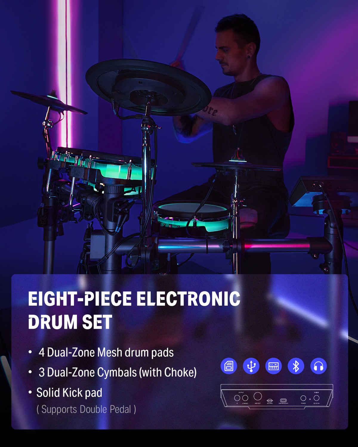 Donner BackBeat Electric Drum Kit with Touchscreen Customize Drum Pad RGB Colors