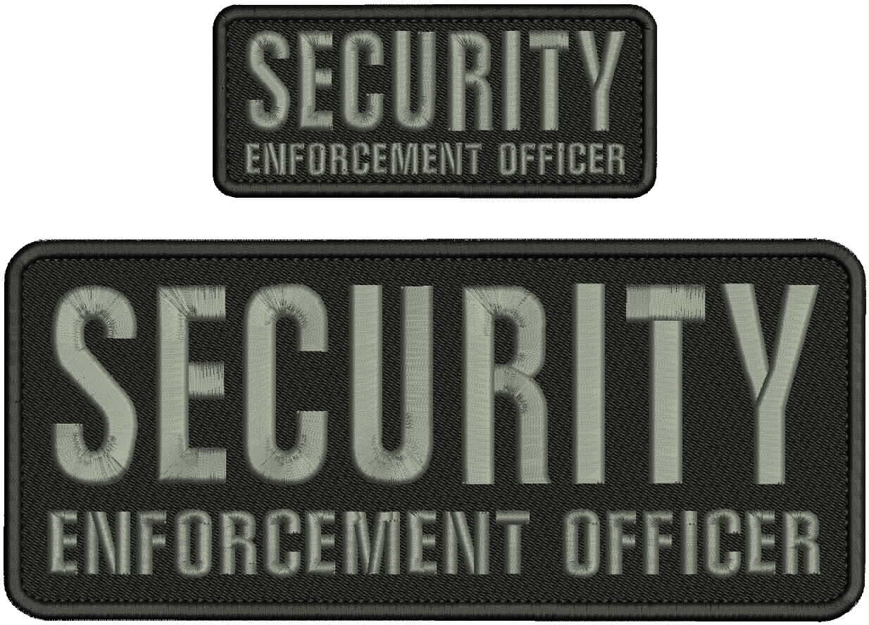 SECURITY E OFFICER 2 EMB PATCHES 10X4 & 2X5 VELCR@ ON BACK GRAY ON BLACK