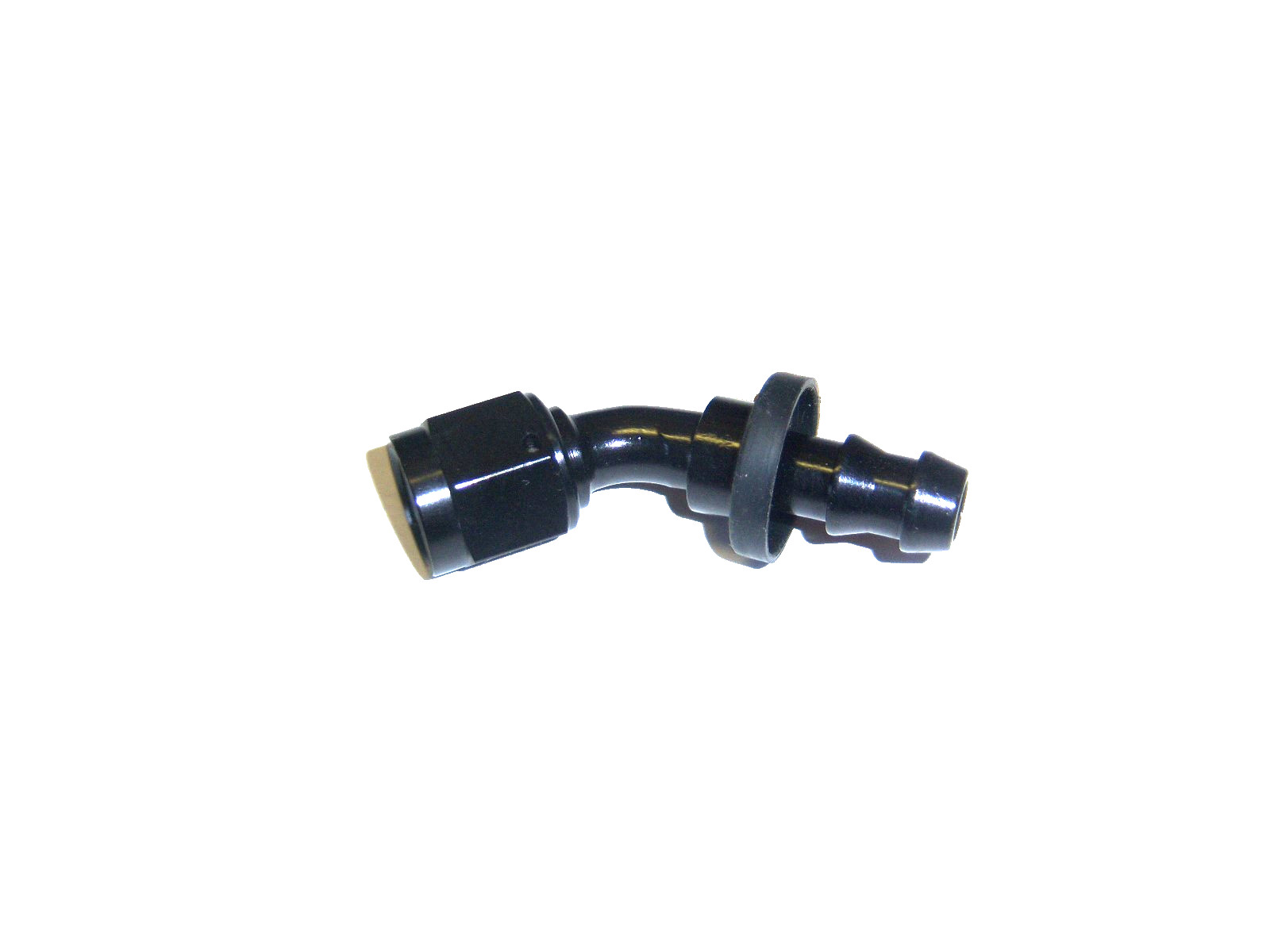 10AN  FEMALE SWIVEL TO 5/8  HOSE BARB FUEL ADAPTER 45 DEGREE BLACK