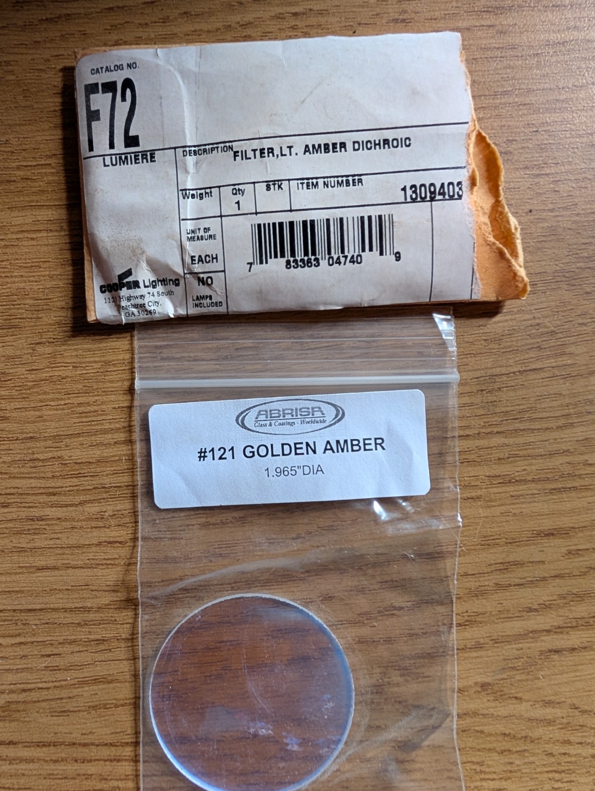 ABRISA GLASS FILTERS SERIES #121 GOLDEN AMBER DICHROIC 1/8 1.965" DIAMETER NEW