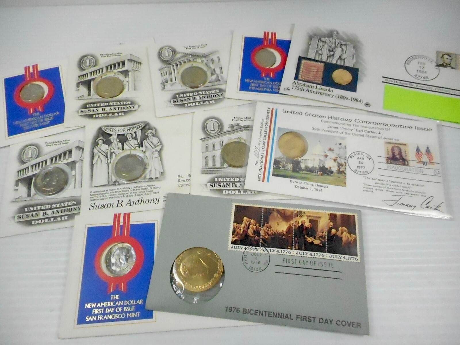 SUSAN B, CARTER, 1976,LINCOLN FIRST DAY OF ISSUE COIN & COVER SET [11 TOTAL]