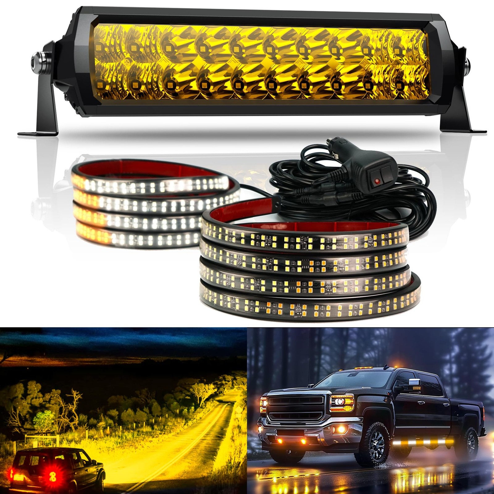 2PCS 70 Inch Emergency Strobe Lights Strip & 12 Inch Double Row Amber LED Lig...