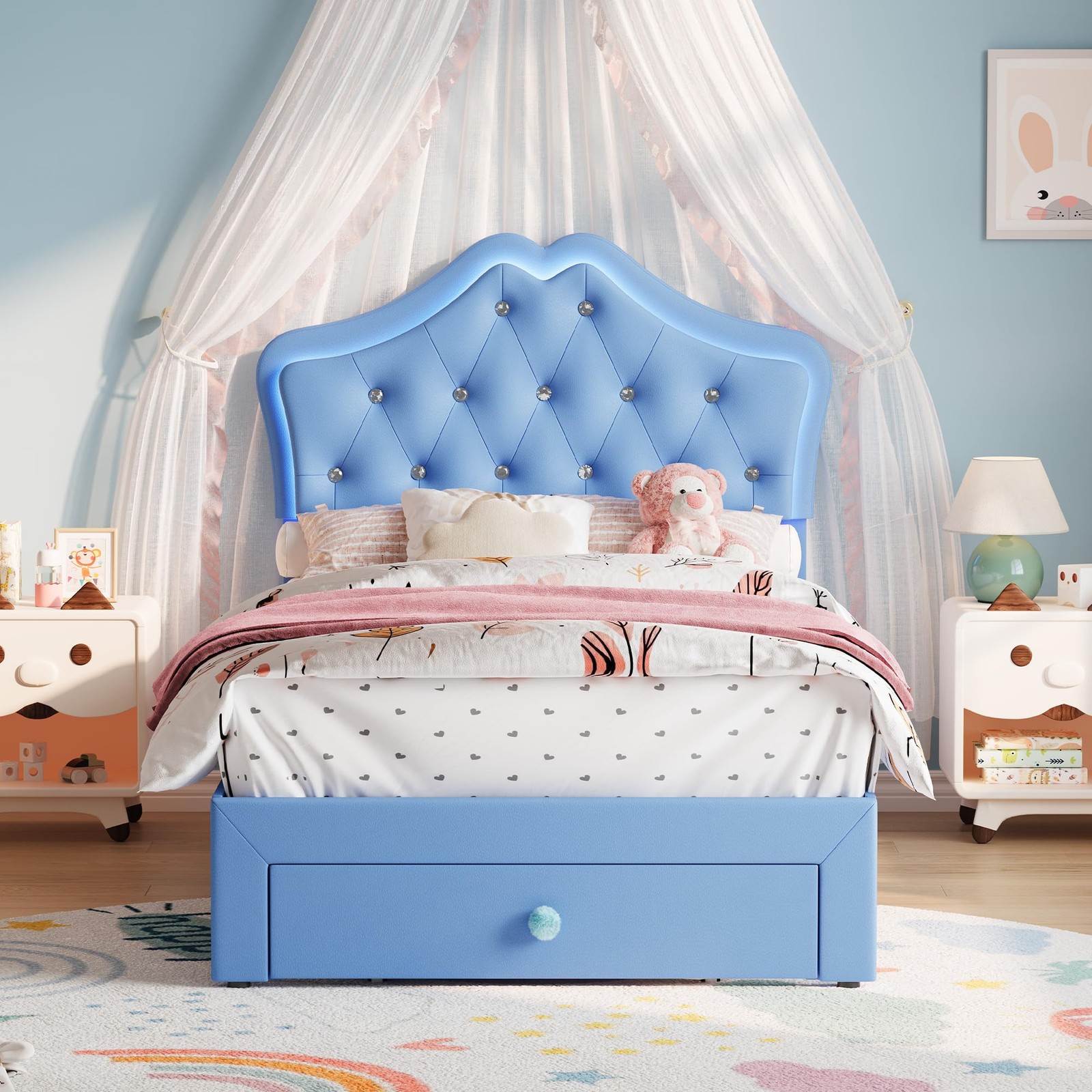 Twin Size Bed Frame w/Velvet Crystal Button Headboard & LED Light Platform ,Blue