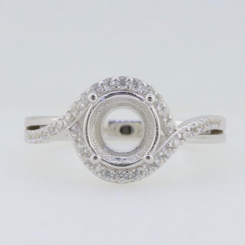 925 Sterling Silver 8mm Round Semi Mount Women Ring Bypass Twist Pavé Halo Ring