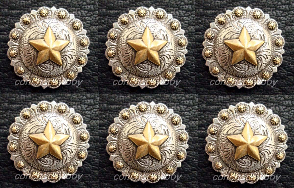 Set of 6 WESTERN HORSE SADDLE TACK ANTIQUE GOLD STAR BERRY CONCHOS 1" screw back