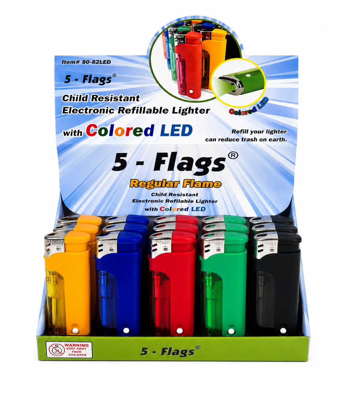 5 Flags - Led Lighters - Assorted Colors - 15 Count