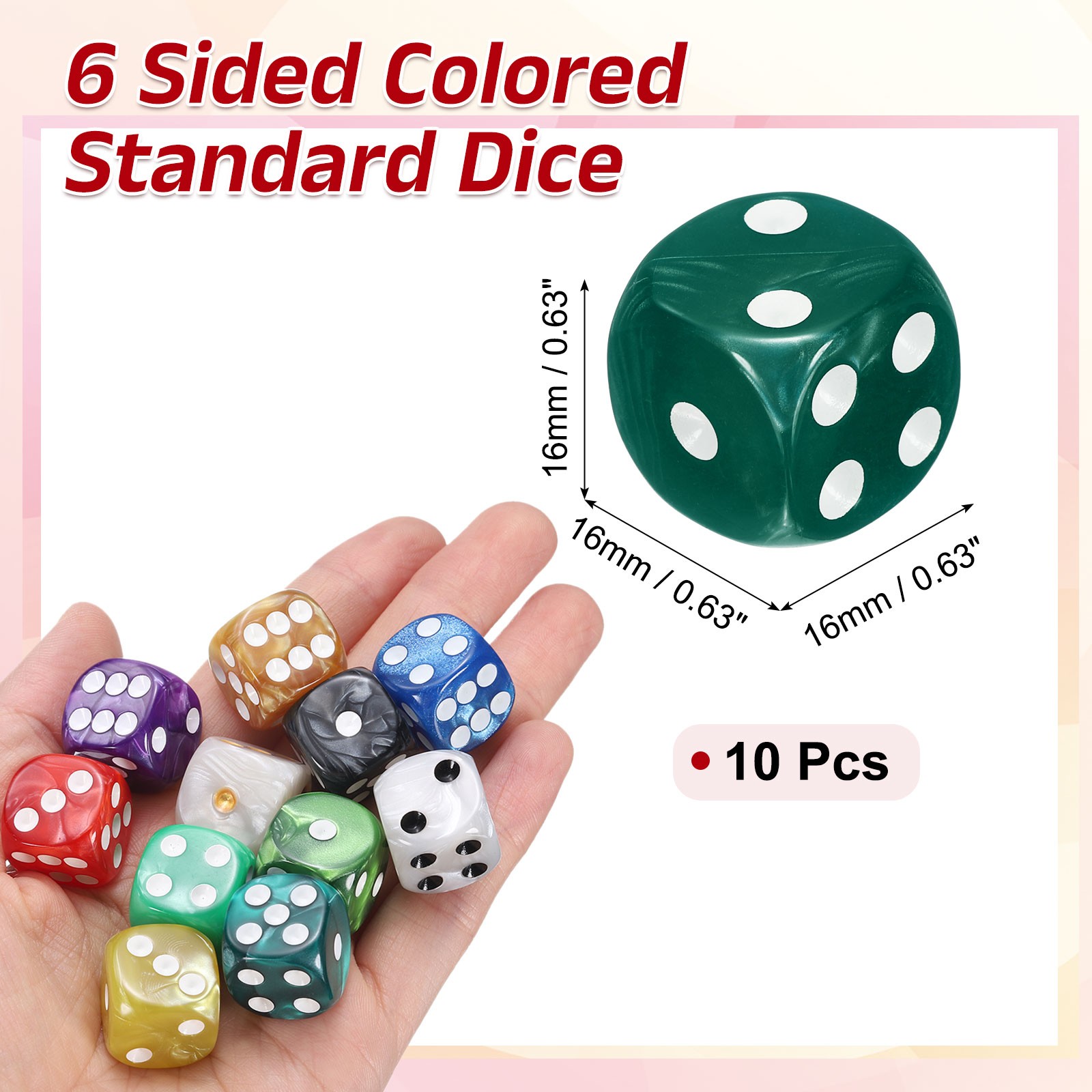 10Pcs 6 Sided Colored Standard Dice, Acrylic D6 Pearl Pattern Dice, Dark Green