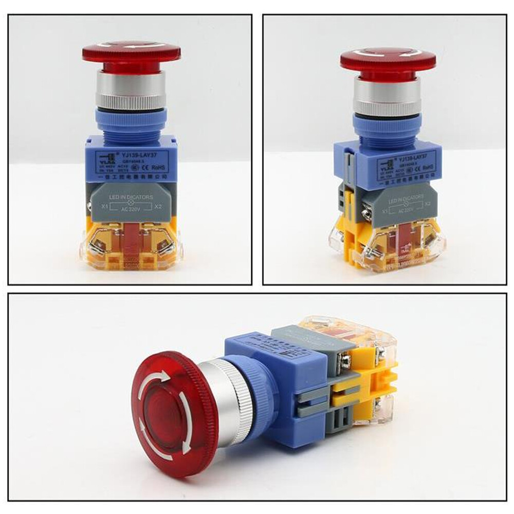 Red LED Illuminated 22mm E-STOP Switch Emergency Stop Push Button Switch 12-220V