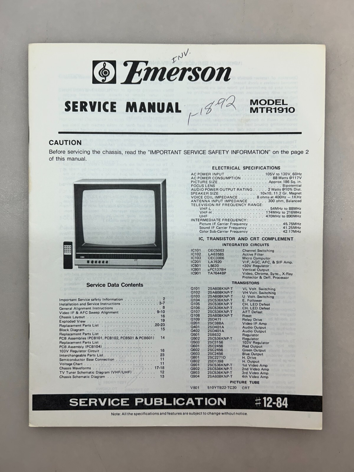 Emerson MTR1910 Original Service Manual Free Shipping