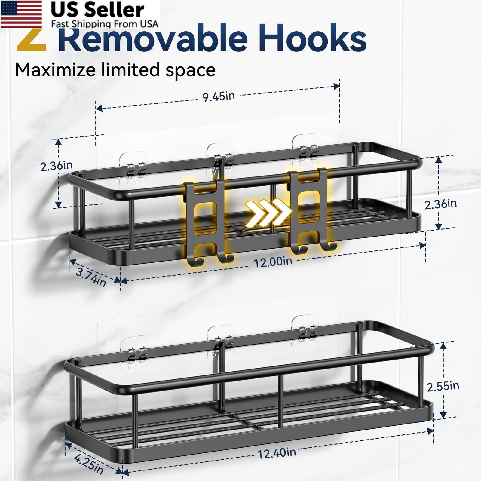 YASONIC Shower Caddy Adhesive, Rustproof Shelves for 2 Pack, Black