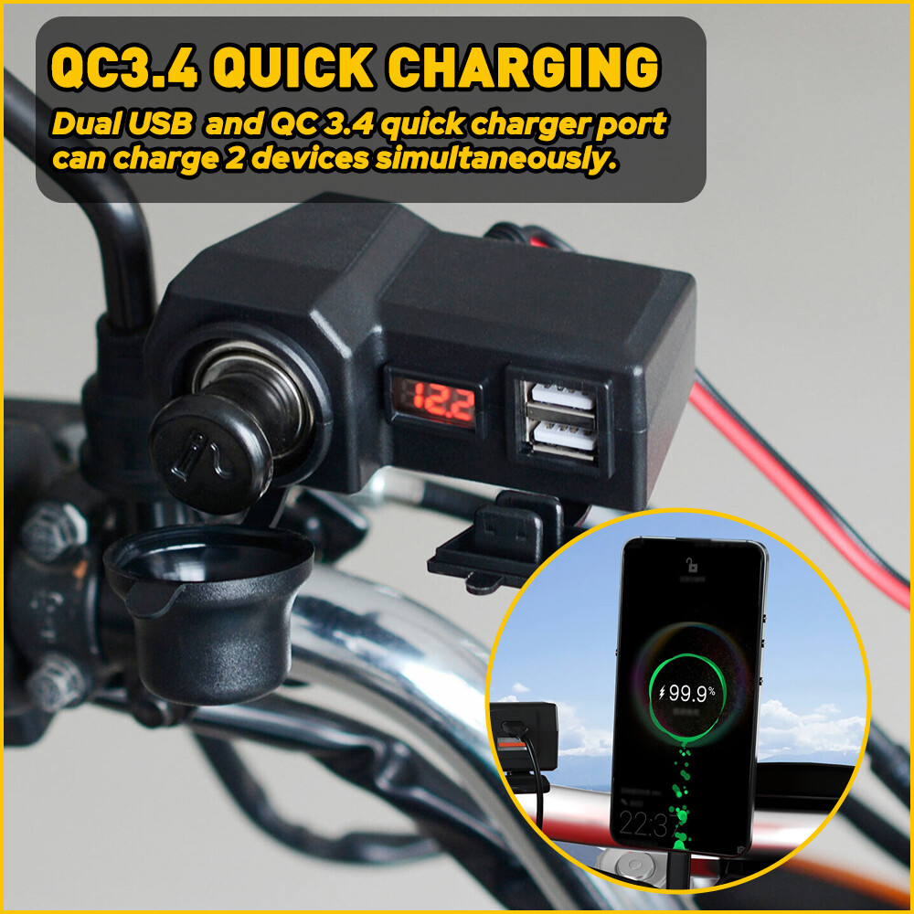 Motorcycle Handlebar Cigarette Lighter Socket Dual Charger USB W/ LED Voltmeter