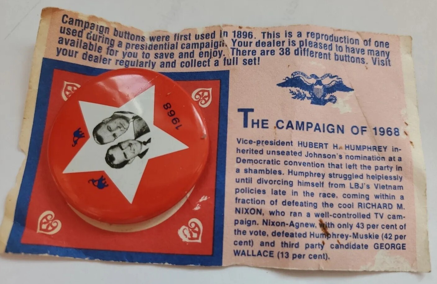 1972 Reproduction 1968 Hubert Humphrey Richard Nixon Campaign Button.