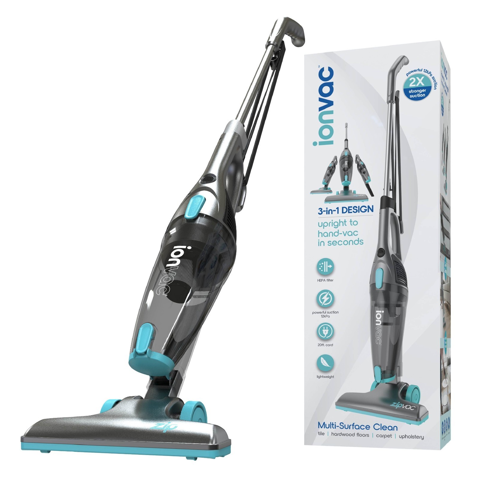 Ionvac ZipVac Corded Stick Vacuum, Multi-Surface 3-in-1 Upright/Handheld Vacuum