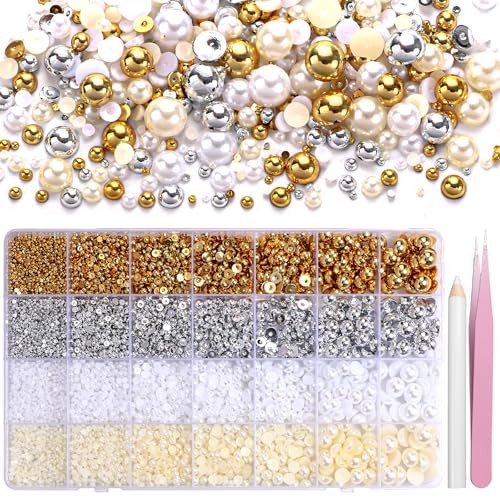 20000Pcs Gold Silver White Half Pearls for Crafting, Flatback Half Round S4