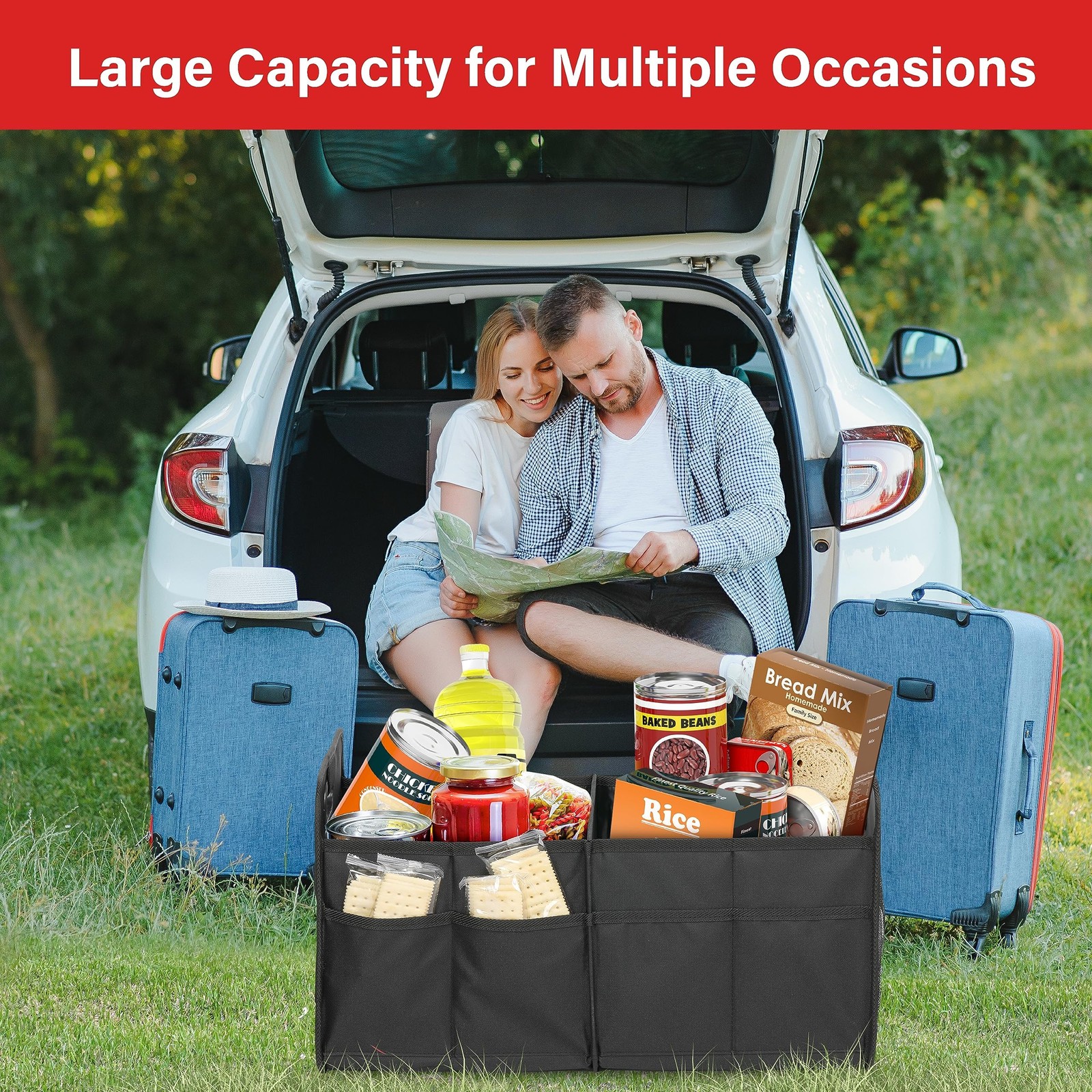 Simple Deluxe Car Trunk Organizer, 2 Compartments Collapsible 1 Pack, Black
