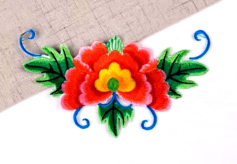 1pc Handcrafted Peony Embroidery iron on Patch 6 1/4 x 3 1/4 inch