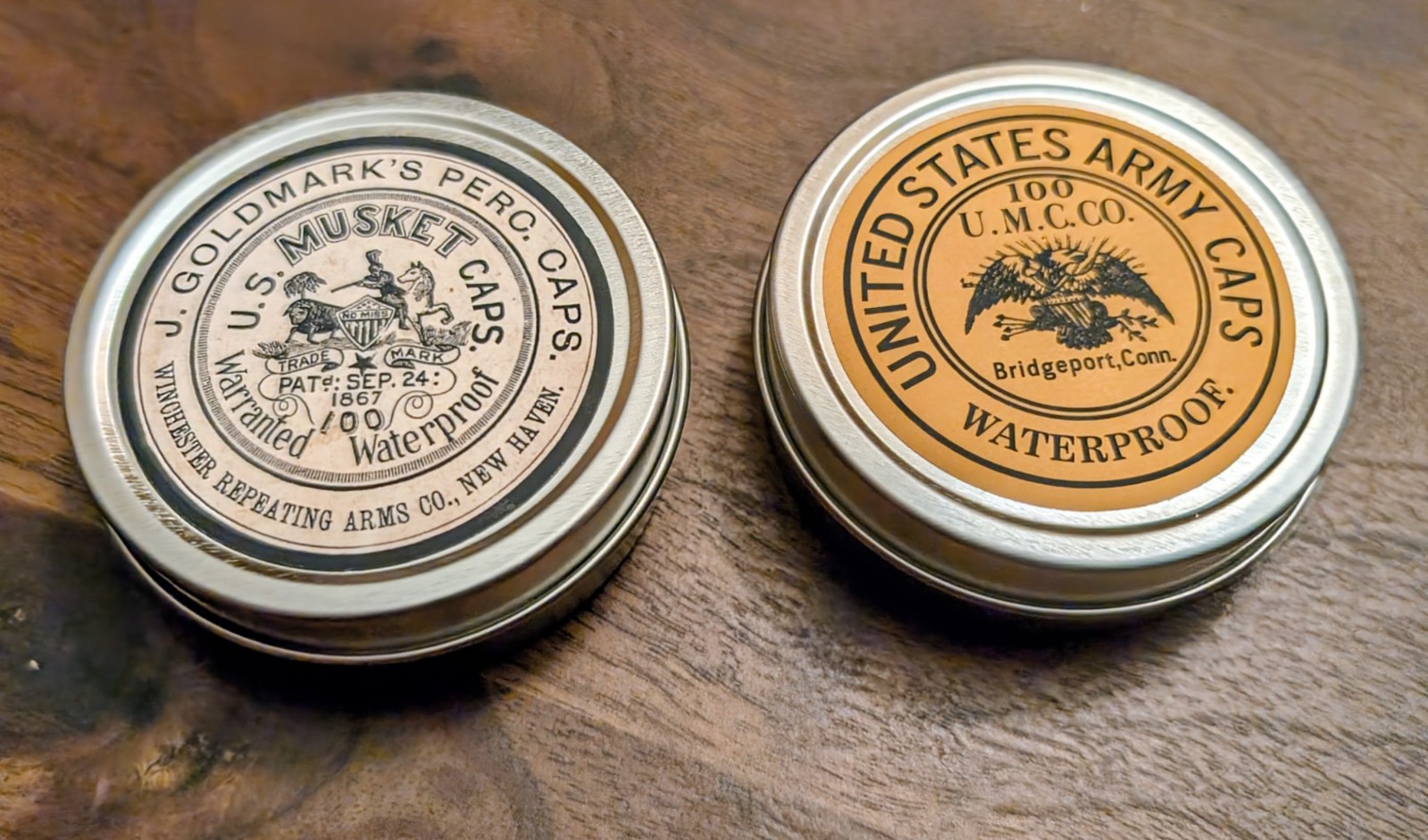 Musket Cap Tins: Vintage Style UMC or Goldmark Labels, Holds 100 4-Wing Caps