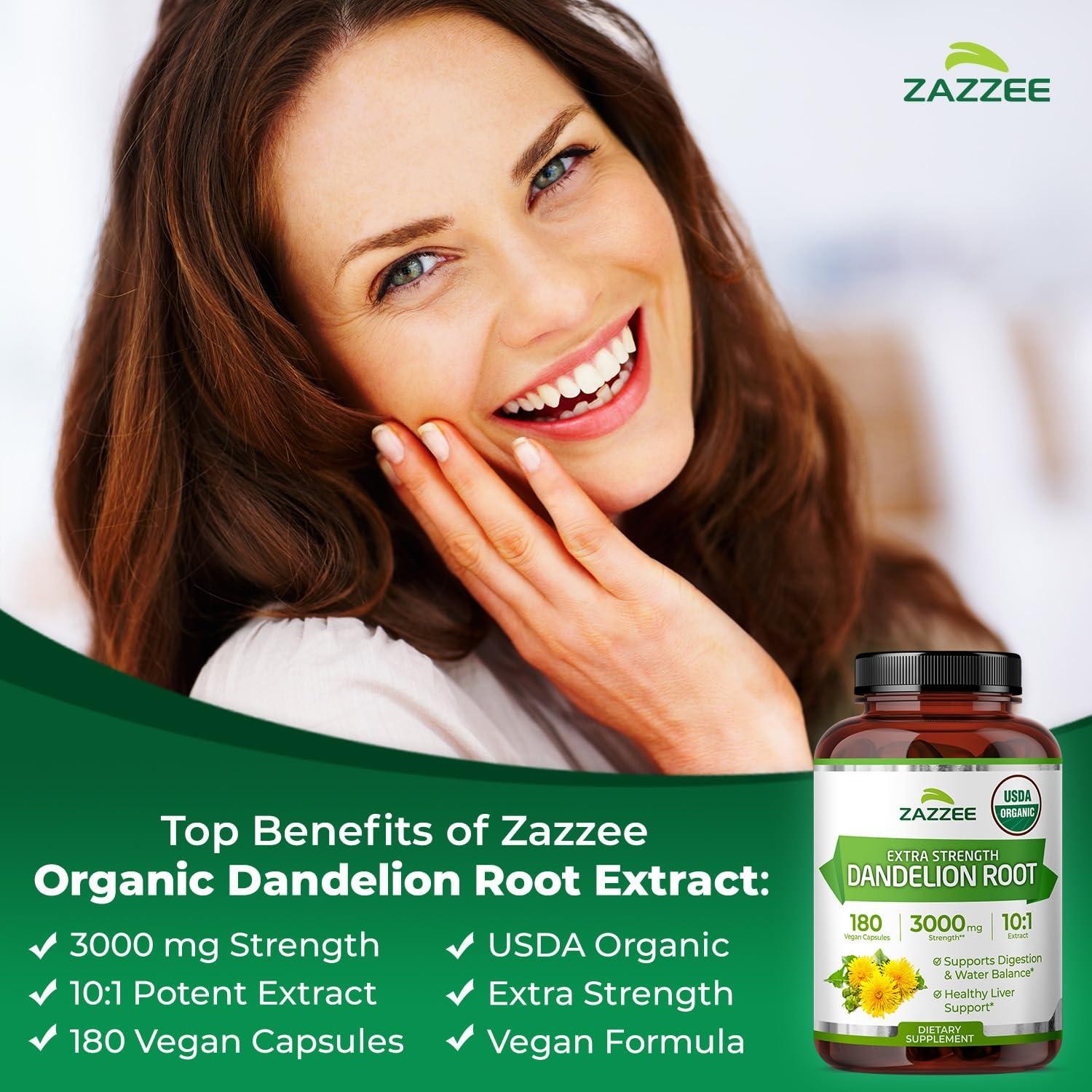 Zazzee USDA Organic Dandelion Root 10:1 Extract, 3000 mg Strength, 180 Capsules