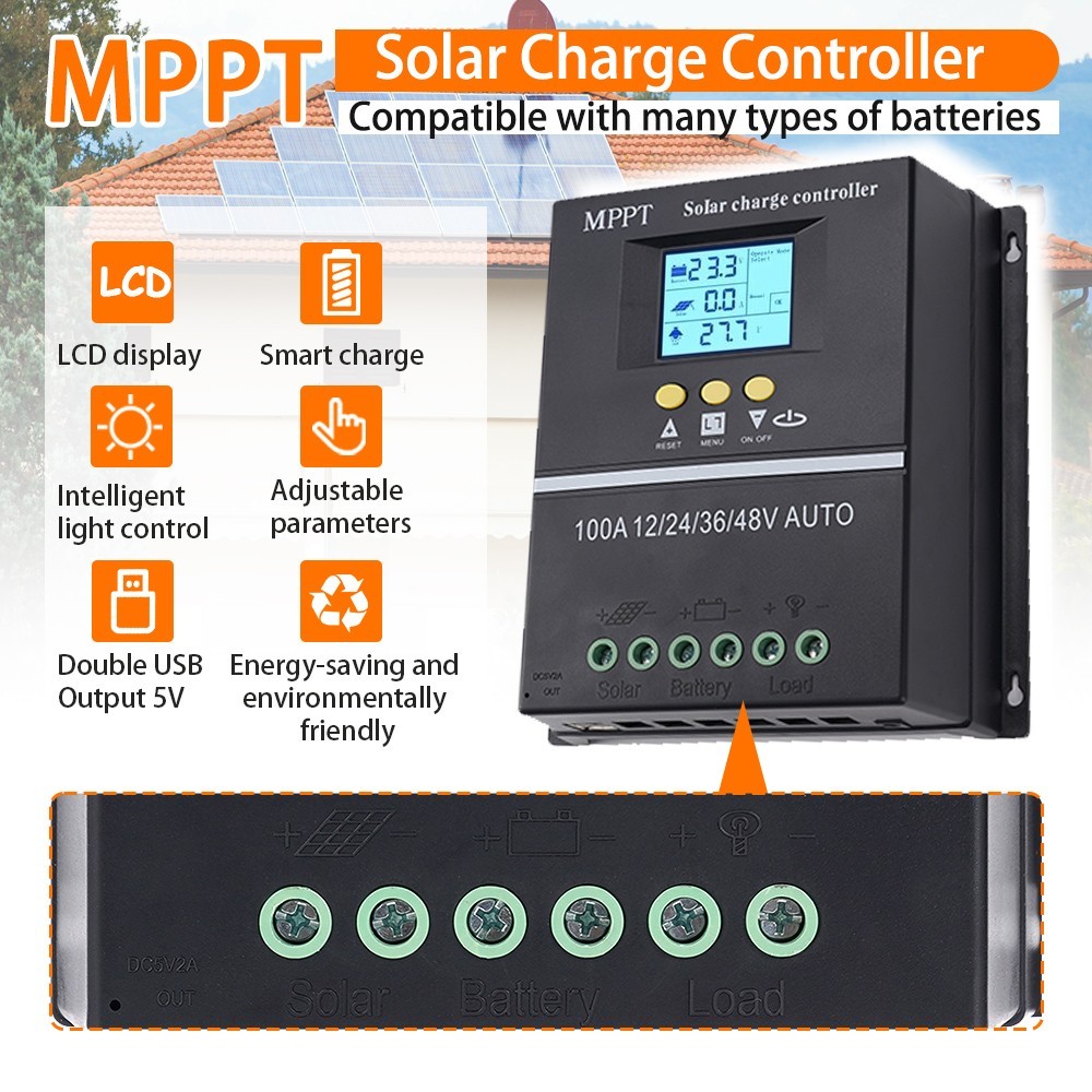 MPPT 12V/24V/36V/48V Solar Charge Controller Tools 100A LCD Dual USB