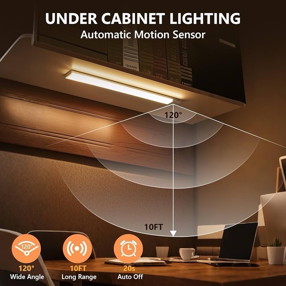 3 Pack Rechargeable LED Under Cabinet Lights Motion Sensor 3 Color for Kitchen