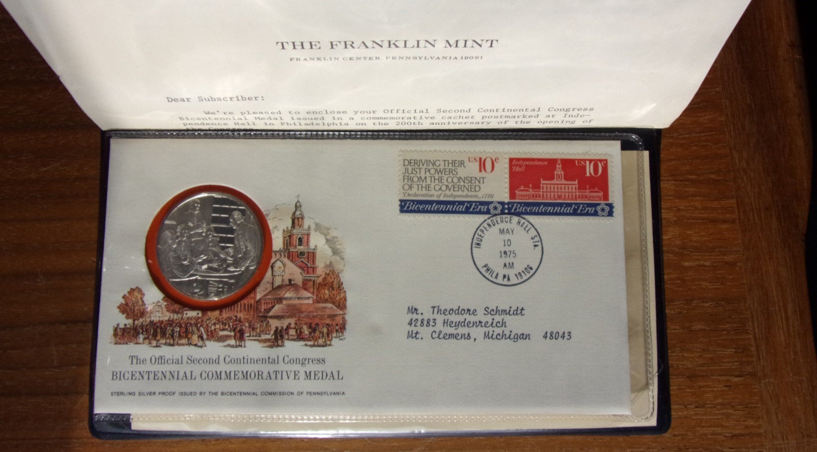 1975 Continental Congress Bicentennial Medal Sterling Silver w/1st Day Cover